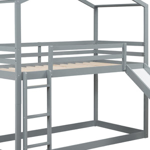 HomeRoots Gray Twin Over Twin Wood Bunk Bed with Integrated Slide - Stylish Space-Saving Solution for Kids! 590512