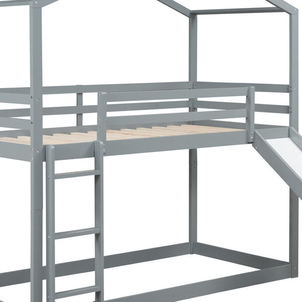 HomeRoots Gray Twin Over Twin Wood Bunk Bed with Integrated Slide - Stylish Space-Saving Solution for Kids! 590512