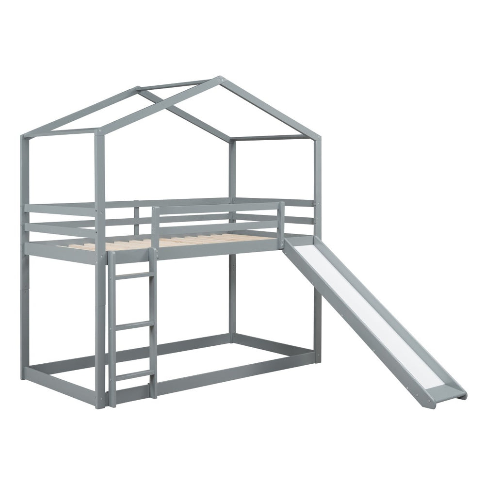 HomeRoots Gray Twin Over Twin Wood Bunk Bed with Integrated Slide - Stylish Space-Saving Solution for Kids! 590512