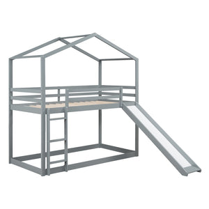 HomeRoots Gray Twin Over Twin Wood Bunk Bed with Integrated Slide - Stylish Space-Saving Solution for Kids! 590512