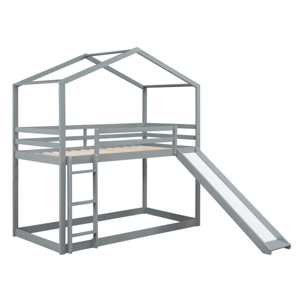 HomeRoots Gray Twin Over Twin Wood Bunk Bed with Integrated Slide - Stylish Space-Saving Solution for Kids! 590512