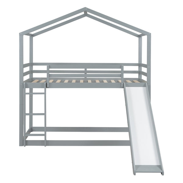 HomeRoots Gray Twin Over Twin Wood Bunk Bed with Integrated Slide - Stylish Space-Saving Solution for Kids! 590512
