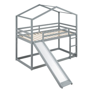 HomeRoots Gray Twin Over Twin Wood Bunk Bed with Integrated Slide - Stylish Space-Saving Solution for Kids! 590512
