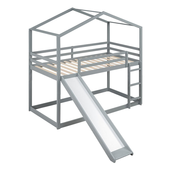 HomeRoots Gray Twin Over Twin Wood Bunk Bed with Integrated Slide - Stylish Space-Saving Solution for Kids! 590512