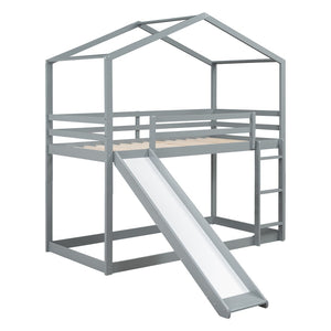 HomeRoots Gray Twin Over Twin Wood Bunk Bed with Integrated Slide - Stylish Space-Saving Solution for Kids! 590512