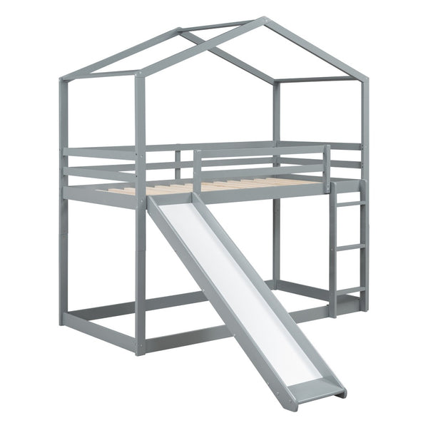 HomeRoots Gray Twin Over Twin Wood Bunk Bed with Integrated Slide - Stylish Space-Saving Solution for Kids! 590512