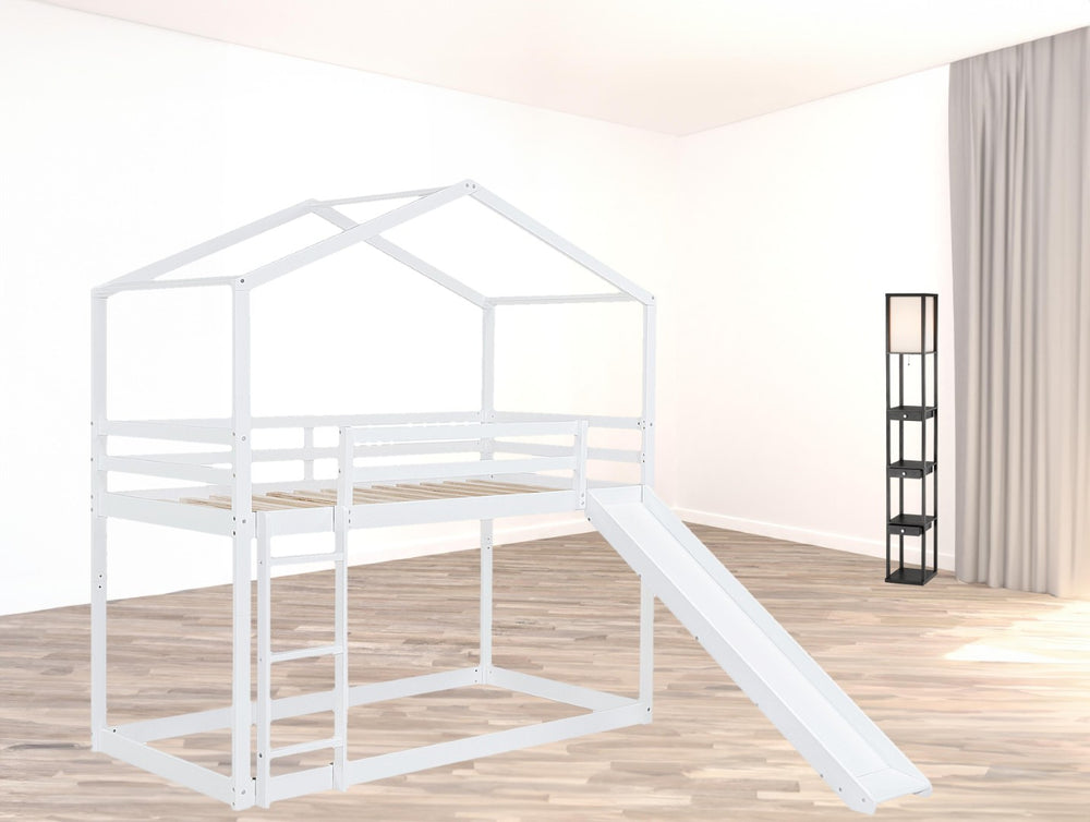 HomeRoots White Twin Over Twin Bunk Bed with Slide – Fun, Safe, and Space-Saving Sleep Solution for Kids! 590513