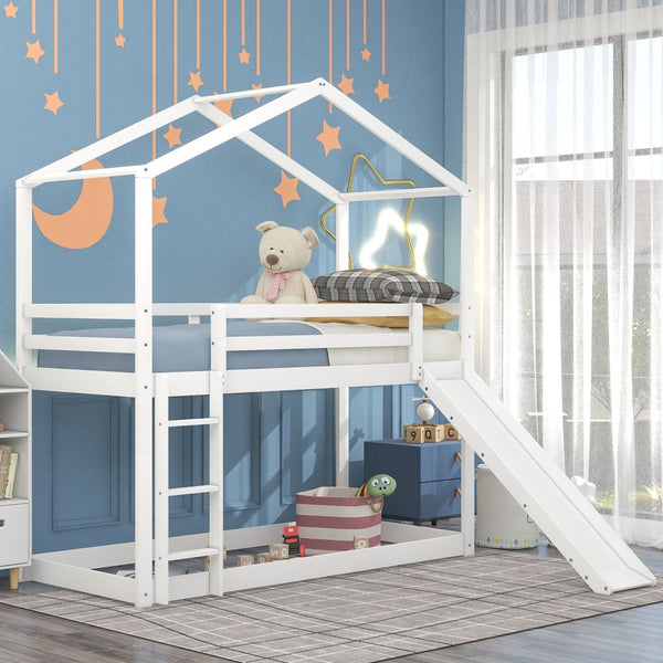 HomeRoots White Twin Over Twin Bunk Bed with Slide – Fun, Safe, and Space-Saving Sleep Solution for Kids! 590513