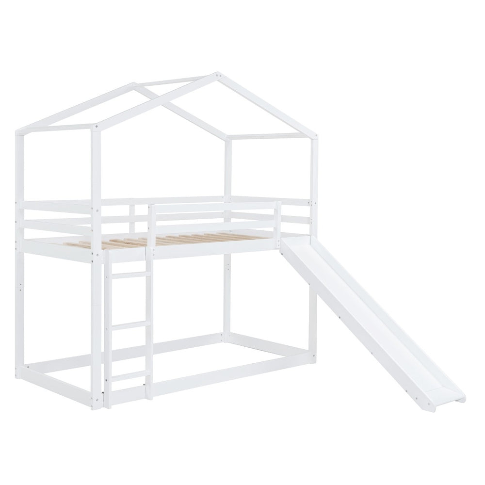 HomeRoots White Twin Over Twin Bunk Bed with Slide – Fun, Safe, and Space-Saving Sleep Solution for Kids! 590513