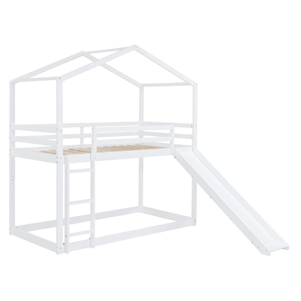 HomeRoots White Twin Over Twin Bunk Bed with Slide – Fun, Safe, and Space-Saving Sleep Solution for Kids! 590513