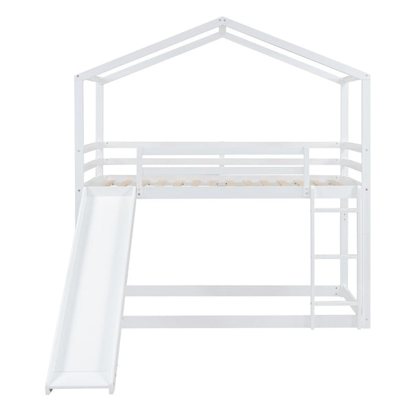 HomeRoots White Twin Over Twin Bunk Bed with Slide – Fun, Safe, and Space-Saving Sleep Solution for Kids! 590513