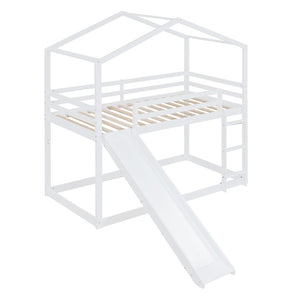 HomeRoots White Twin Over Twin Bunk Bed with Slide – Fun, Safe, and Space-Saving Sleep Solution for Kids! 590513