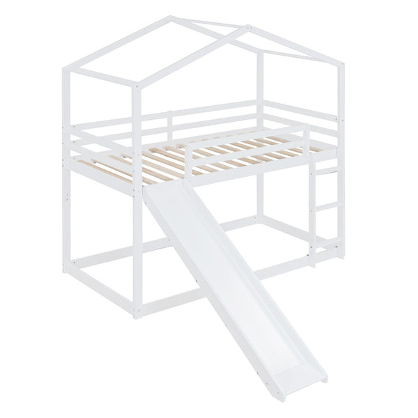 HomeRoots White Twin Over Twin Bunk Bed with Slide – Fun, Safe, and Space-Saving Sleep Solution for Kids! 590513