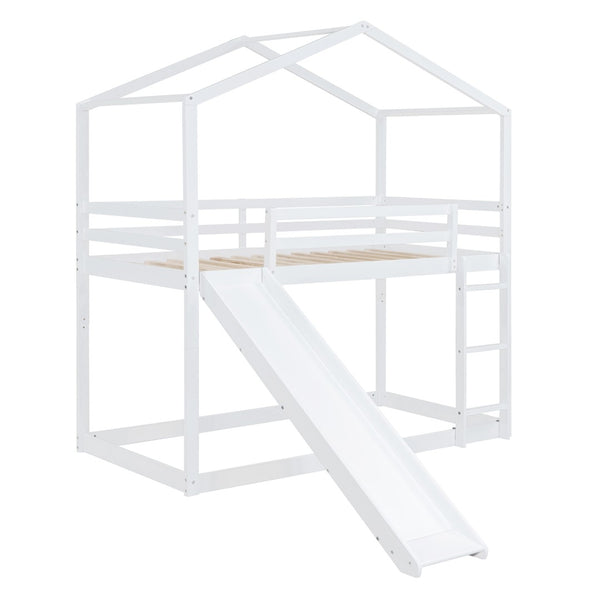 HomeRoots White Twin Over Twin Bunk Bed with Slide – Fun, Safe, and Space-Saving Sleep Solution for Kids! 590513