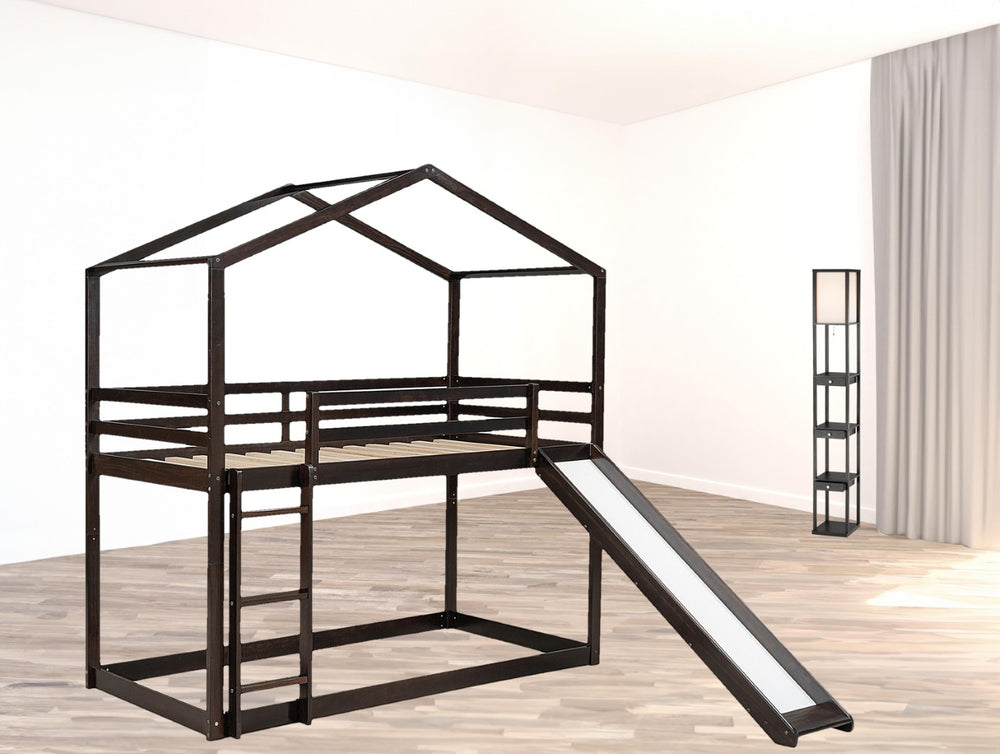 HomeRoots Espresso Twin-Over-Twin Bunk Bed with Slide - Stylish, Safe, and Space-Saving for Kids' Rooms! 590514