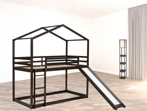 HomeRoots Espresso Twin-Over-Twin Bunk Bed with Slide - Stylish, Safe, and Space-Saving for Kids' Rooms! 590514