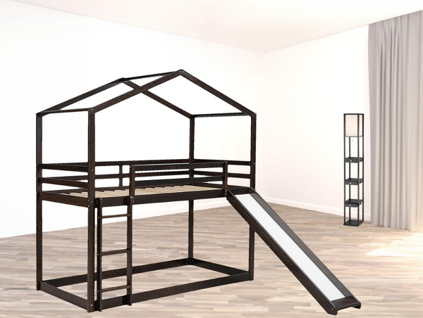 HomeRoots Espresso Twin-Over-Twin Bunk Bed with Slide - Stylish, Safe, and Space-Saving for Kids' Rooms! 590514