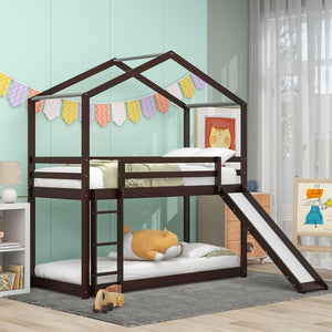 HomeRoots Espresso Twin-Over-Twin Bunk Bed with Slide - Stylish, Safe, and Space-Saving for Kids' Rooms! 590514