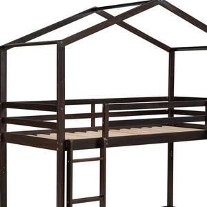 HomeRoots Espresso Twin-Over-Twin Bunk Bed with Slide - Stylish, Safe, and Space-Saving for Kids' Rooms! 590514