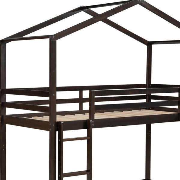HomeRoots Espresso Twin-Over-Twin Bunk Bed with Slide - Stylish, Safe, and Space-Saving for Kids' Rooms! 590514