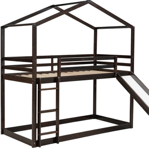 HomeRoots Espresso Twin-Over-Twin Bunk Bed with Slide - Stylish, Safe, and Space-Saving for Kids' Rooms! 590514
