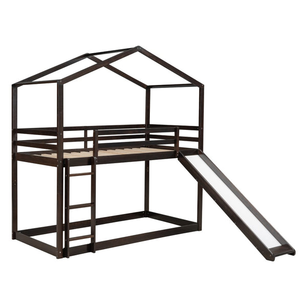 HomeRoots Espresso Twin-Over-Twin Bunk Bed with Slide - Stylish, Safe, and Space-Saving for Kids' Rooms! 590514