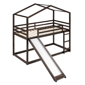 HomeRoots Espresso Twin-Over-Twin Bunk Bed with Slide - Stylish, Safe, and Space-Saving for Kids' Rooms! 590514