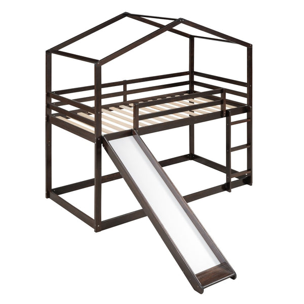 HomeRoots Espresso Twin-Over-Twin Bunk Bed with Slide - Stylish, Safe, and Space-Saving for Kids' Rooms! 590514