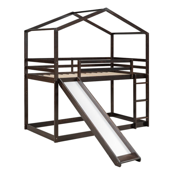 HomeRoots Espresso Twin-Over-Twin Bunk Bed with Slide - Stylish, Safe, and Space-Saving for Kids' Rooms! 590514