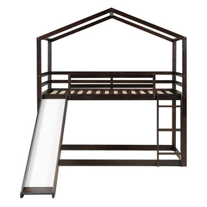 HomeRoots Espresso Twin-Over-Twin Bunk Bed with Slide - Stylish, Safe, and Space-Saving for Kids' Rooms! 590514