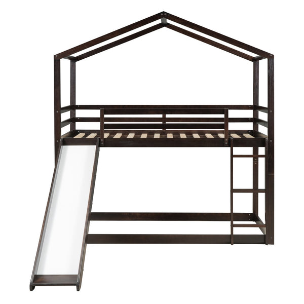 HomeRoots Espresso Twin-Over-Twin Bunk Bed with Slide - Stylish, Safe, and Space-Saving for Kids' Rooms! 590514