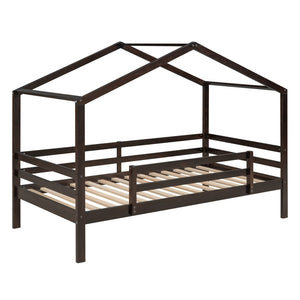 HomeRoots Espresso Twin-Over-Twin Bunk Bed with Slide - Stylish, Safe, and Space-Saving for Kids' Rooms! 590514