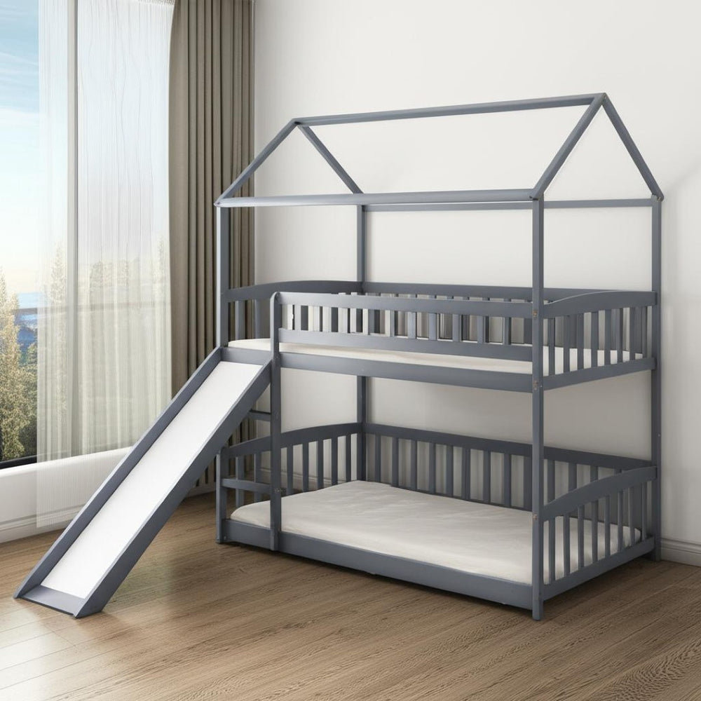 HomeRoots Gray Twin Over Twin Dollhouse Bunk Bed with Slide – Playful Design, Safety Features & Space-Saving Fun! 590516