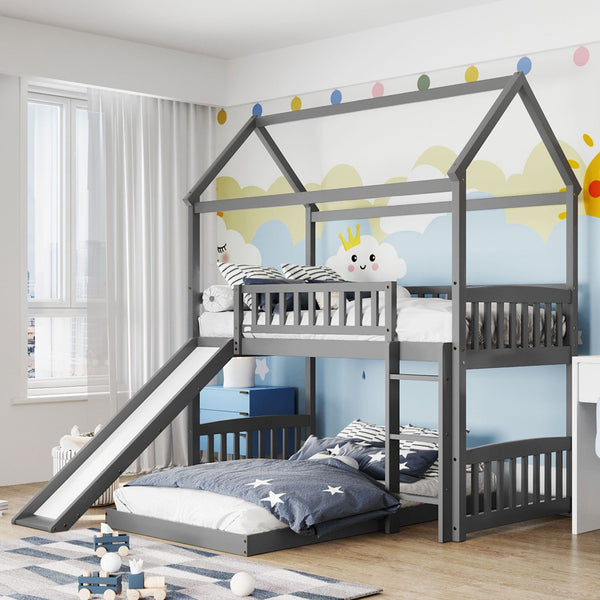 HomeRoots Gray Twin Over Twin Dollhouse Bunk Bed with Slide – Playful Design, Safety Features & Space-Saving Fun! 590516