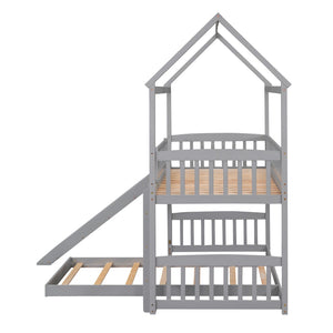 HomeRoots Gray Twin Over Twin Dollhouse Bunk Bed with Slide – Playful Design, Safety Features & Space-Saving Fun! 590516