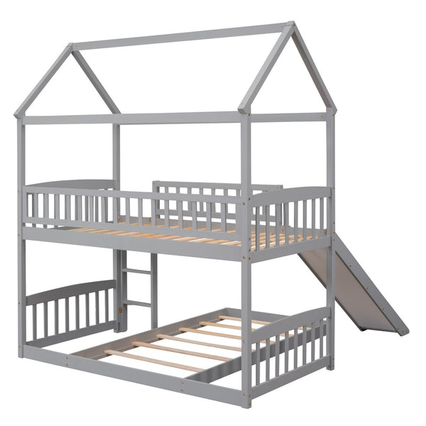 HomeRoots Gray Twin Over Twin Dollhouse Bunk Bed with Slide – Playful Design, Safety Features & Space-Saving Fun! 590516
