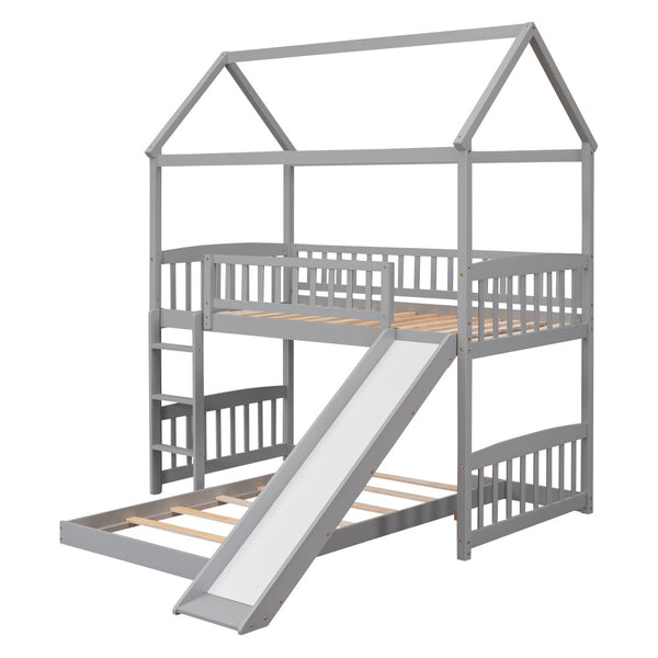 HomeRoots Gray Twin Over Twin Dollhouse Bunk Bed with Slide – Playful Design, Safety Features & Space-Saving Fun! 590516