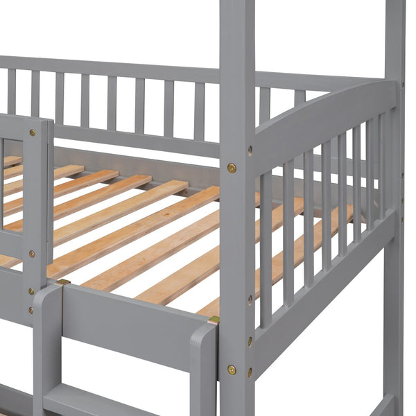 HomeRoots Gray Twin Over Twin Dollhouse Bunk Bed with Slide – Playful Design, Safety Features & Space-Saving Fun! 590516