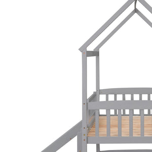 HomeRoots Gray Twin Over Twin Dollhouse Bunk Bed with Slide – Playful Design, Safety Features & Space-Saving Fun! 590516