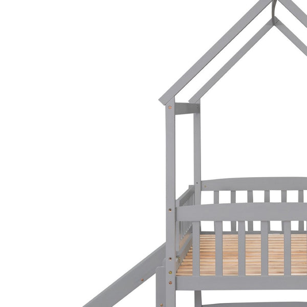 HomeRoots Gray Twin Over Twin Dollhouse Bunk Bed with Slide – Playful Design, Safety Features & Space-Saving Fun! 590516