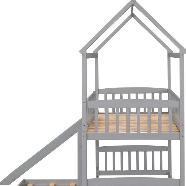 HomeRoots Gray Twin Over Twin Dollhouse Bunk Bed with Slide – Playful Design, Safety Features & Space-Saving Fun! 590516