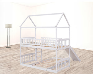 HomeRoots White Twin Over Twin Dollhouse Bunk Bed with Slide - Space-Saving Fun for Kids' Shared Rooms! 590517