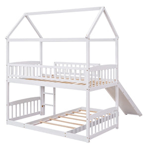 HomeRoots White Twin Over Twin Dollhouse Bunk Bed with Slide - Space-Saving Fun for Kids' Shared Rooms! 590517