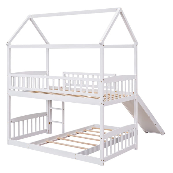 HomeRoots White Twin Over Twin Dollhouse Bunk Bed with Slide - Space-Saving Fun for Kids' Shared Rooms! 590517