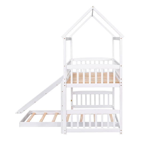 HomeRoots White Twin Over Twin Dollhouse Bunk Bed with Slide - Space-Saving Fun for Kids' Shared Rooms! 590517