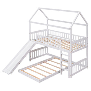 HomeRoots White Twin Over Twin Dollhouse Bunk Bed with Slide - Space-Saving Fun for Kids' Shared Rooms! 590517