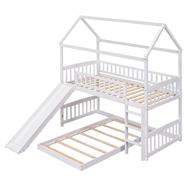 HomeRoots White Twin Over Twin Dollhouse Bunk Bed with Slide - Space-Saving Fun for Kids' Shared Rooms! 590517