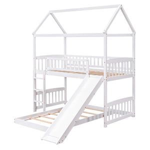 HomeRoots White Twin Over Twin Dollhouse Bunk Bed with Slide - Space-Saving Fun for Kids' Shared Rooms! 590517