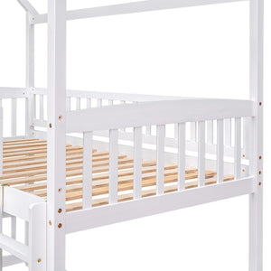 HomeRoots White Twin Over Twin Dollhouse Bunk Bed with Slide - Space-Saving Fun for Kids' Shared Rooms! 590517