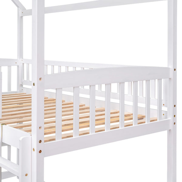 HomeRoots White Twin Over Twin Dollhouse Bunk Bed with Slide - Space-Saving Fun for Kids' Shared Rooms! 590517
